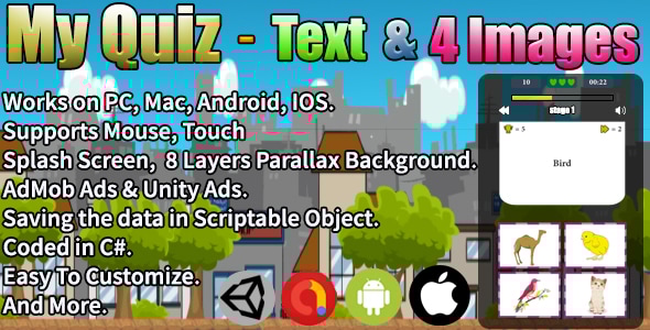 My Quiz - Text & 4 Images (Unity Complete Project + AdMob Ads & Unity Ads) - CodeCanyon Item for Sale