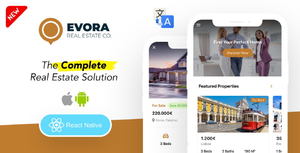 Evora - Real Estate Complete Solution React Native App - CMS + RTL + Multi languages - CodeCanyon Item for Sale