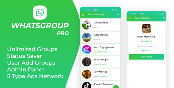WhatsGroup Pro with admin Panel and Admob and Facebook Ads - CodeCanyon Item for Sale