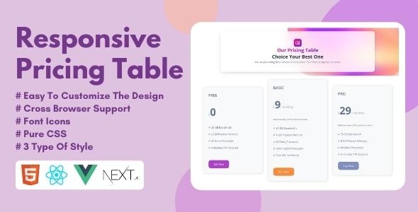 Responsive Pricing Table Design - HTML, React, Vue, NEXT - CodeCanyon Item for Sale