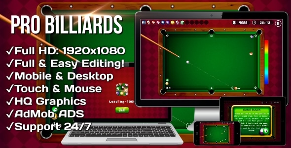 Pro Billiards - HTML5 Game + Mobile Version! (Construct 3 | .c3p) - CodeCanyon Item for Sale