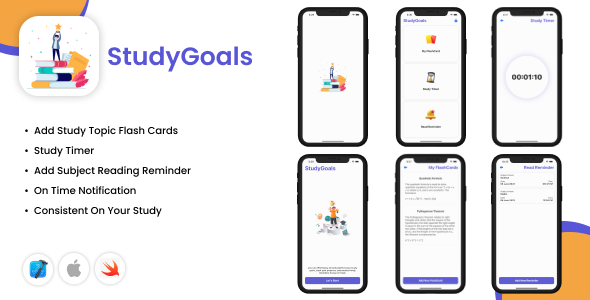 StudyGoals - iOS App - Reading Reminder - Study Timer - Study Flash Cards - CodeCanyon Item for Sale