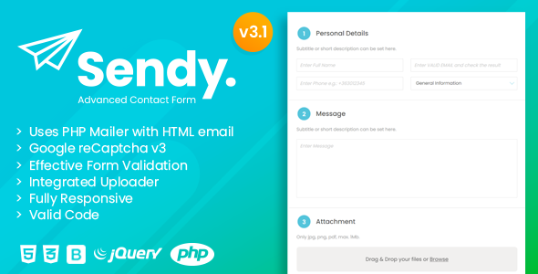Sendy | Advanced Contact Form with File Uploader - CodeCanyon Item for Sale