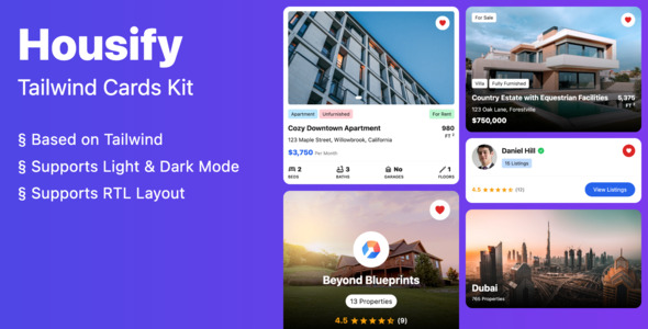Housify - Tailwind Cards Kit - CodeCanyon Item for Sale