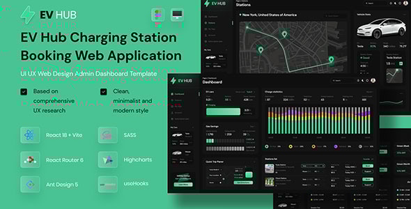 EV Hub Charging Station Booking React Admin UI Dashboard Web App Template - CodeCanyon Item for Sale