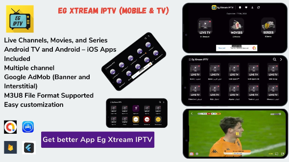 Eg Xtream IPTV Player - Flutter App MOBILE & Android Tv - Admob - CodeCanyon Item for Sale