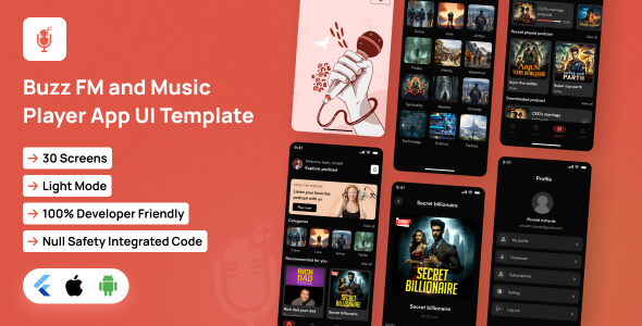 BuzzFM App UI Template | Radio Streaming App Template in Flutter | BuzzAudio App Template - CodeCanyon Item for Sale