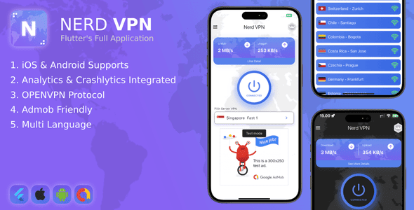 Nerd VPN : Flutter VPN with In App Purchase, Integrated Admin Panel (iOS & Android) - CodeCanyon Item for Sale