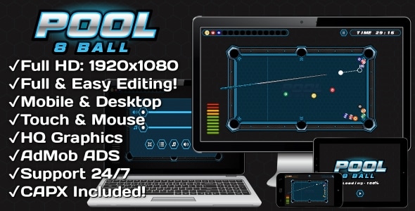 Pool 8 Ball - HTML5 Game + Mobile Version! (Construct 3 | Construct 2 | Capx) - CodeCanyon Item for Sale