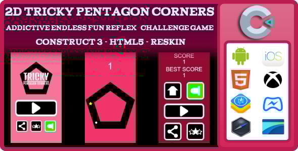 2D Tricky Pentagon Corners Addictive Endless Fun Reflex Challenge Game -Construct 3 - HTML5 -Reskin - CodeCanyon Item for Sale