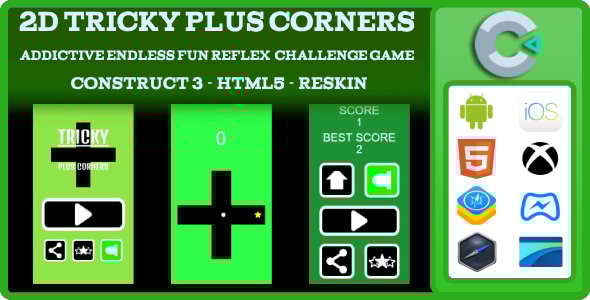 2D Tricky Plus Corners Addictive Endless Fun Reflex Challenge Game -Construct 3 - Html5 -Reskin - CodeCanyon Item for Sale