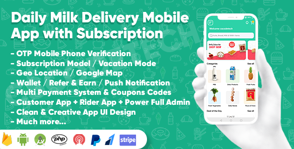 Dairy Products, Grocery, Daily Milk Delivery Mobile App with Subscription | Customer & Delivery App - CodeCanyon Item for Sale