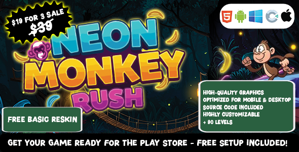 Neon Monkey Rush - Construct 3 Game (HTML5, AdMob, C3P) - CodeCanyon Item for Sale