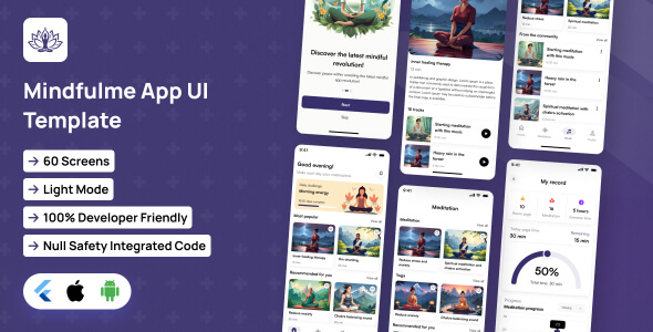 Mindfulme App UI Template | Meditation App in Flutter | BlissfulMind App Template - CodeCanyon Item for Sale