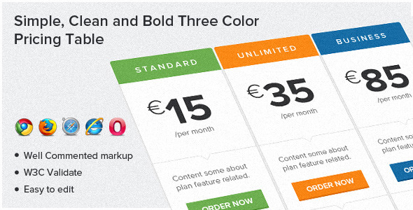 Simple, Clean and Bold Three Color Pricing Table by jitu | CodeCanyon