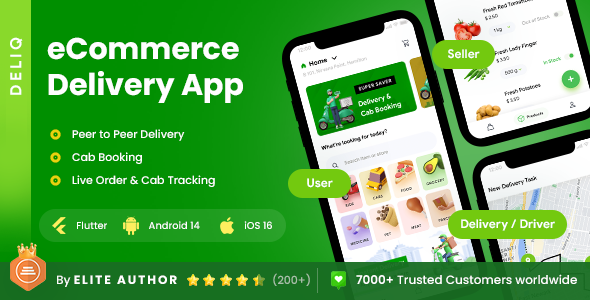 6 App Template| eCommerce| Cab Booking| Peer 2 Peer Delivery| Products & Services Delivery| DeliQ - CodeCanyon Item for Sale