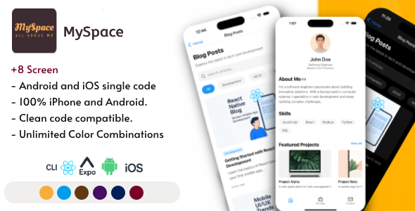 MySpace App - React Native CLI | Expo - Blog & Personal UI Template - CodeCanyon Item for Sale