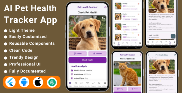 AI-Powered Pet Health Tracker Flutter App | Pet Care & Wellness | Pet Health Screening App - CodeCanyon Item for Sale