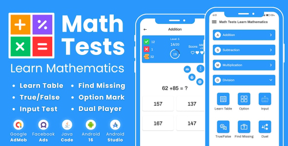 Math Tests Learn Mathematics with AdMob Facebook Ads Android - CodeCanyon Item for Sale