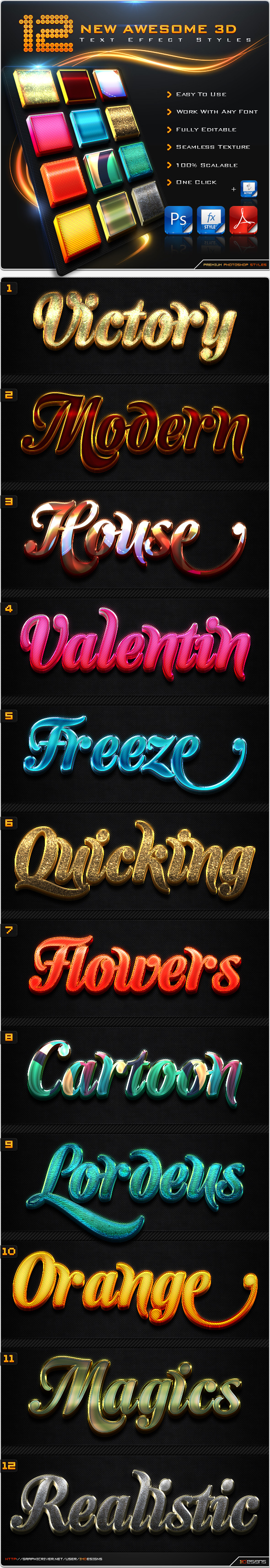12 New 3D Text Effect Styles + Actions, Add-ons | GraphicRiver
