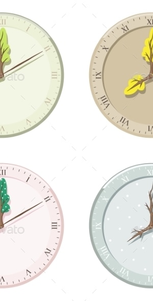 Set of Seasonal Clock Summer, Autumn, Winter and Spring, Vectors ...