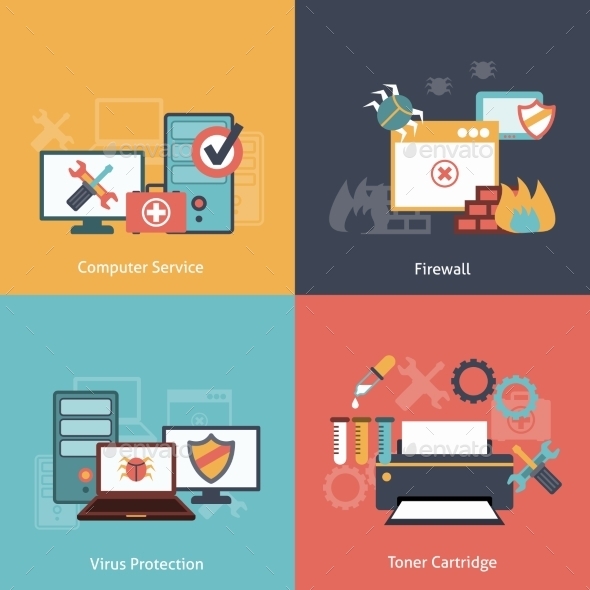 Computer Repair Flat Icons Composition, Vectors | GraphicRiver