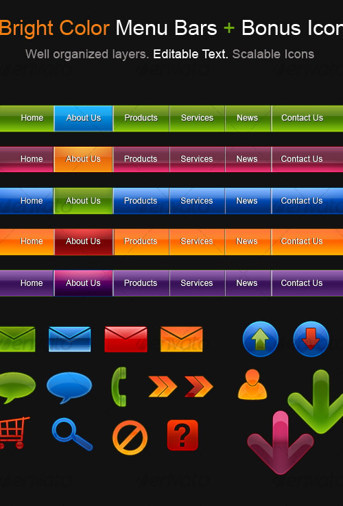 5 Bright Color Menu Bars + Bonus Icons, Web Elements | GraphicRiver