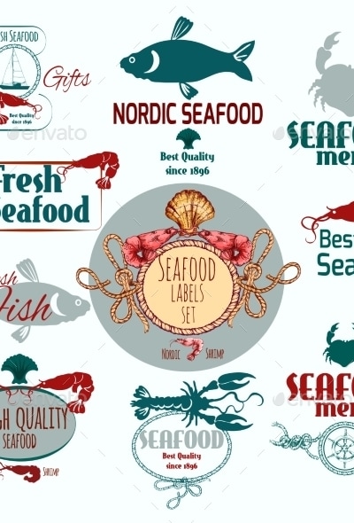 Seafood Label Set, Vectors | GraphicRiver