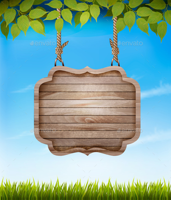 Natural Background with Leaves and a Wooden Sign, Vectors | GraphicRiver