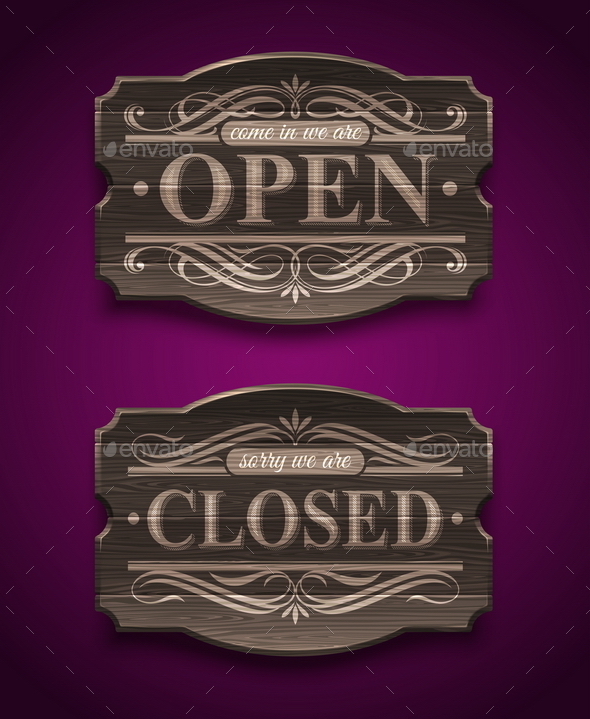 Open and Closed Wooden Ornate Vintage Signs, Vectors | GraphicRiver
