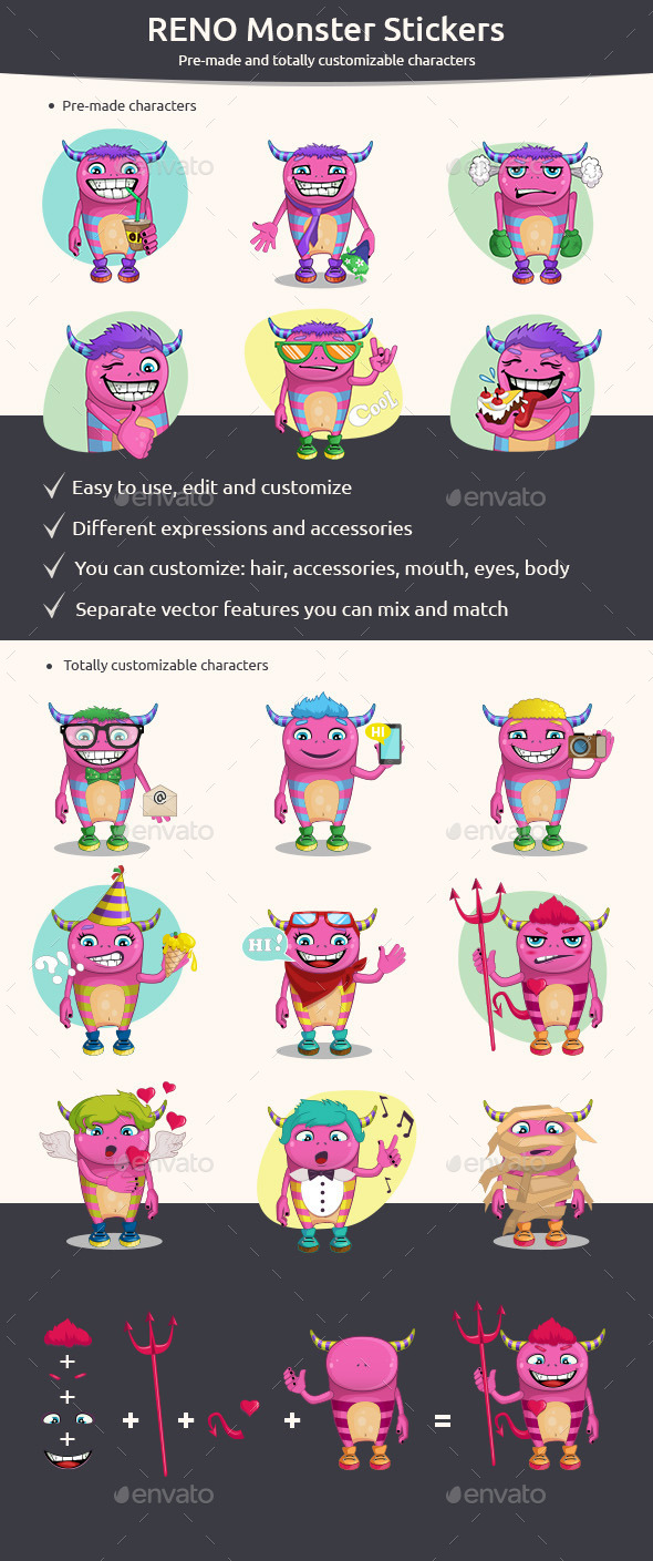 Set of Monster Stickers , Vectors | GraphicRiver