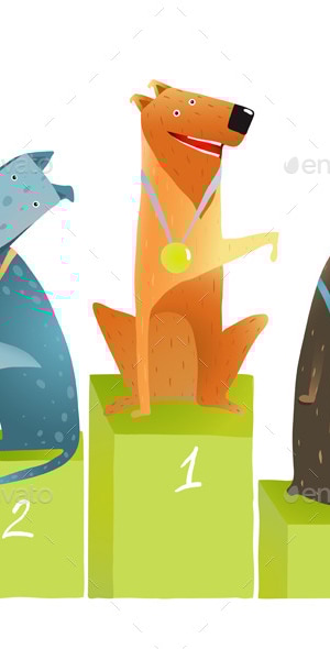 Three Dogs Sitting on Podium with Medals, Vectors | GraphicRiver