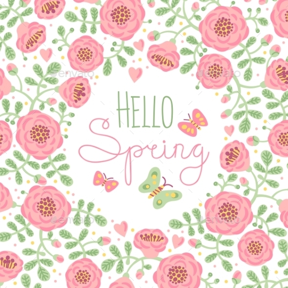 Hello Spring with Flowers, Vectors | GraphicRiver