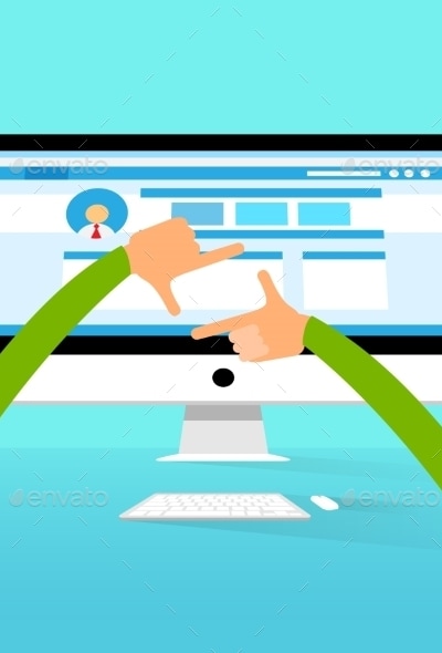Display Desktop Computer Monitor Workspace, Hands, Vectors | GraphicRiver