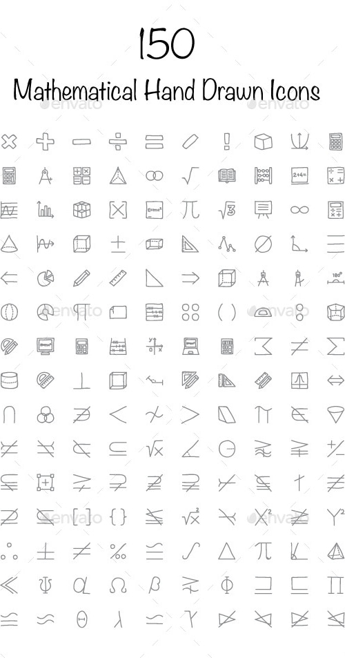 150 Mathematical Hand Drawn Icons, Icons | GraphicRiver
