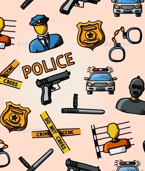 Color Hand Drawn Police Pattern - Gun, Car, Crime, Vectors | GraphicRiver