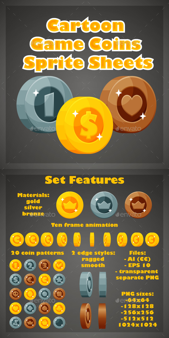 Cartoon Game Coins Sprite Sheets, Game Assets | GraphicRiver