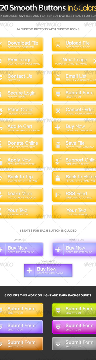 20 Custom Smooth Buttons w/Icons in 6 Colors, Web Elements | GraphicRiver