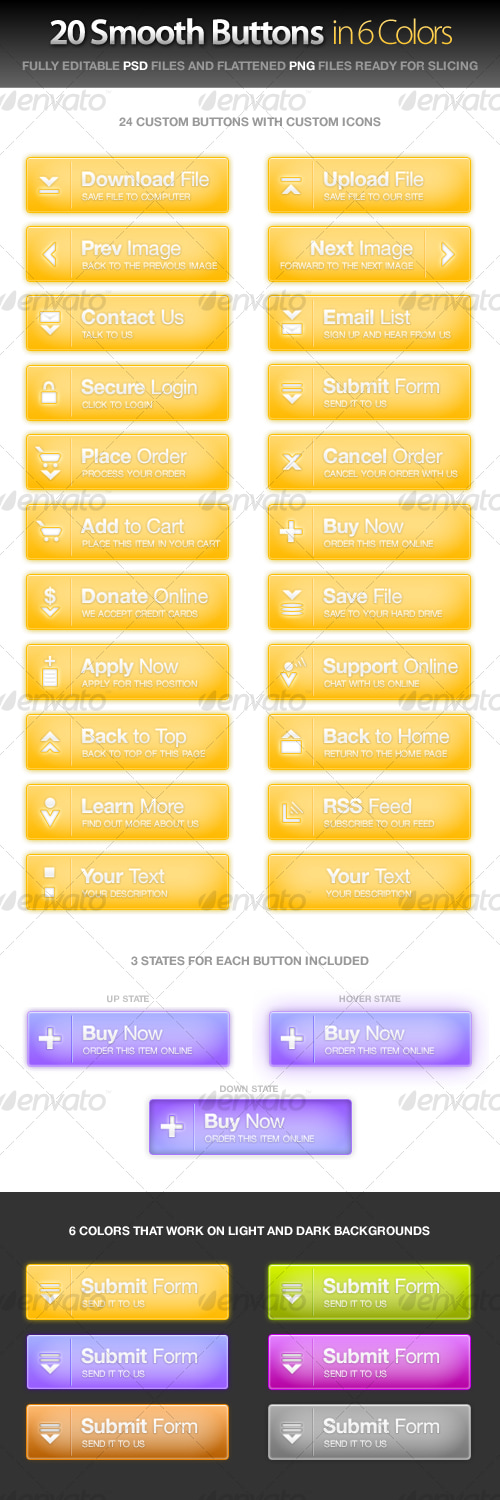 20 Custom Smooth Buttons w/Icons in 6 Colors, Web Elements | GraphicRiver