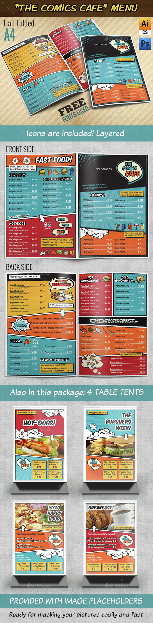 The Comics Cafe Menu || A4 Half folded, Print Templates | GraphicRiver