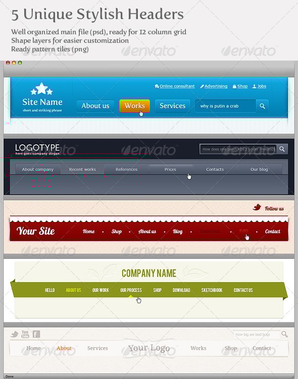 5 Unique Stylish Headers, Web Elements | GraphicRiver