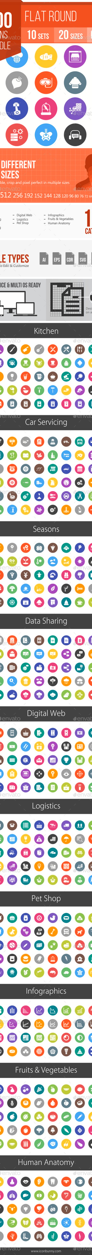 500 Vector Colorful Round Flat Icons Bundle (Vol-10), Icons | GraphicRiver