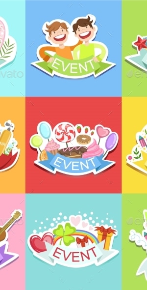 Event Template Labels Set Of Cute Stickers, Vectors | GraphicRiver