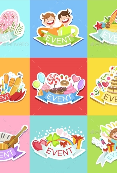 Event Template Labels Set Of Cute Stickers, Vectors | GraphicRiver