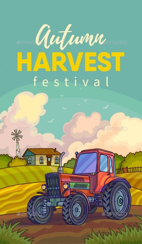 Farm Rural Landscape with Field and Tractor, Vectors | GraphicRiver