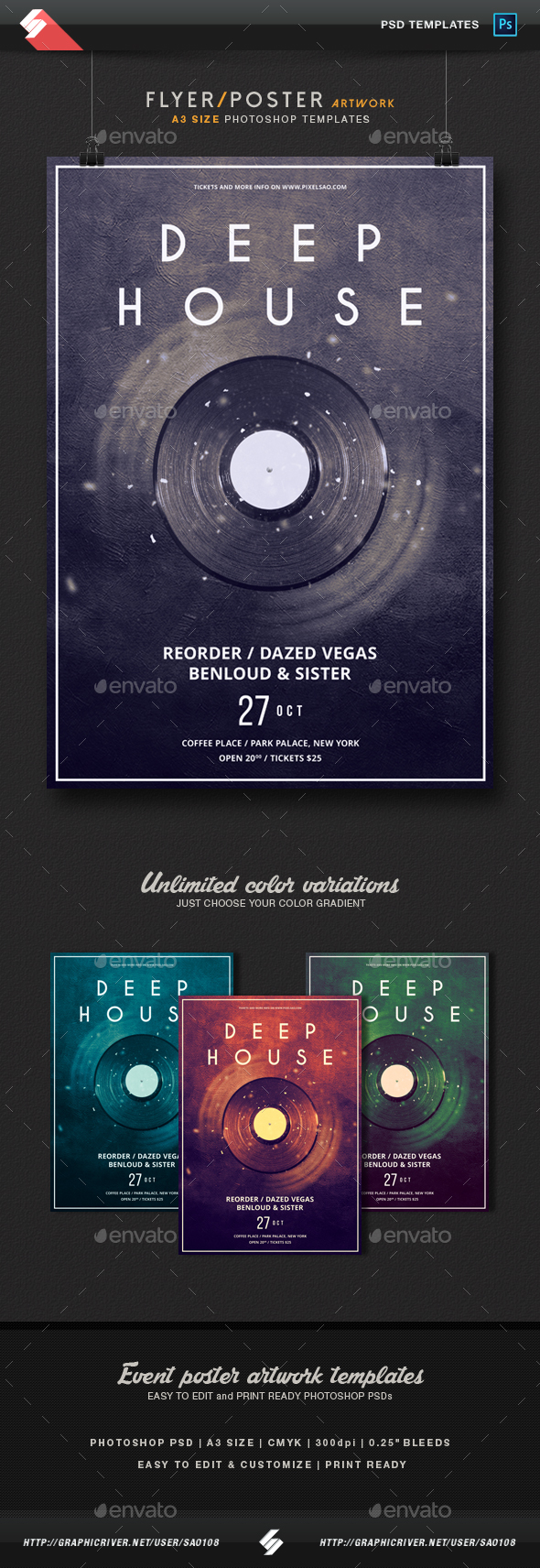 Deep House - Minimal Party Flyer / Poster Template A3, Print Templates