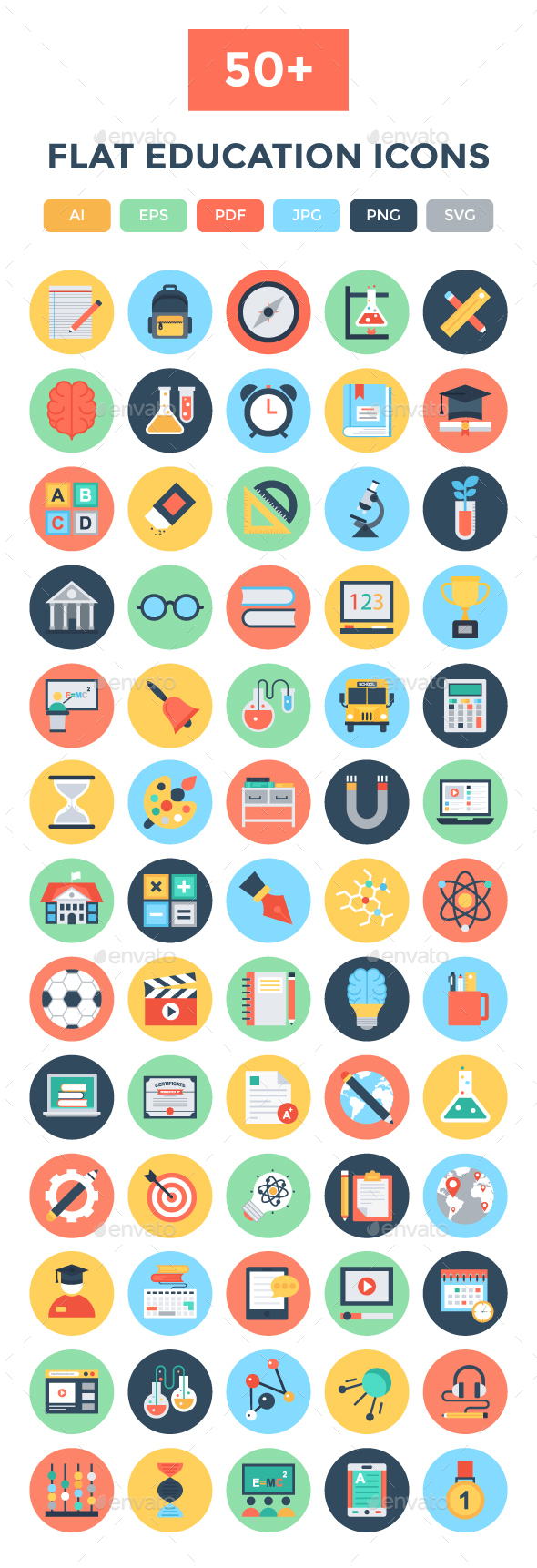 50+ Flat Education Vector Icons, Icons | GraphicRiver