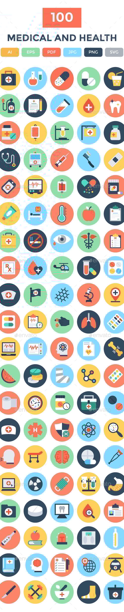 100 Flat Medical and Health Icons, Icons | GraphicRiver