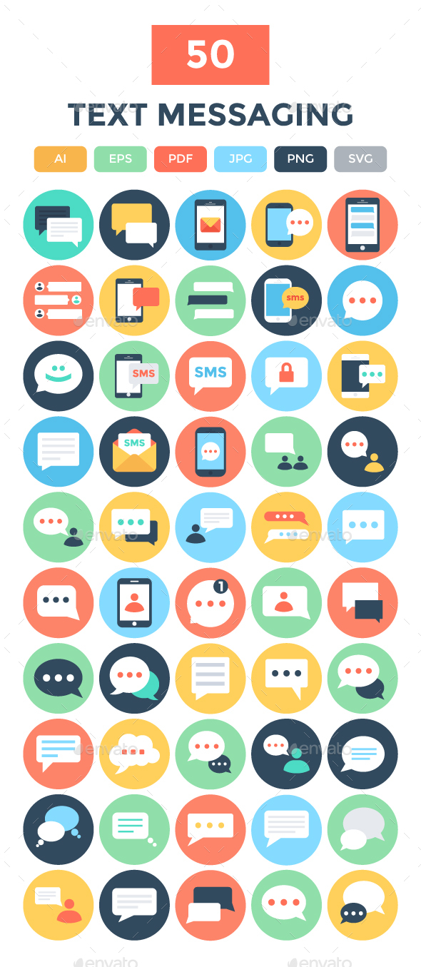 50 Flat Text Messaging Icons, Icons | GraphicRiver