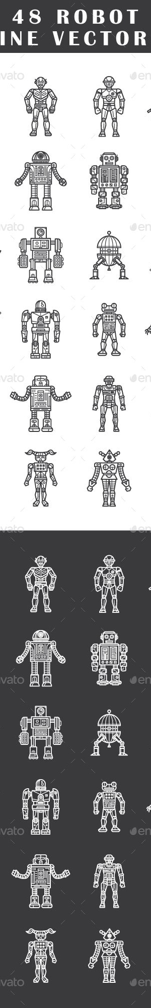 48 Robot Line Vectors, Vectors | GraphicRiver